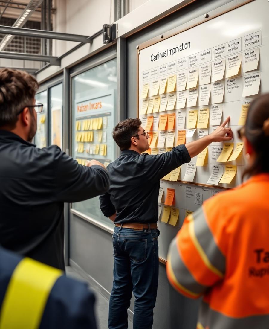 Why Leadership Teams Get Stuck at the Same Problems Manufacturing team reviewing a continuous improvement board with sticky notes